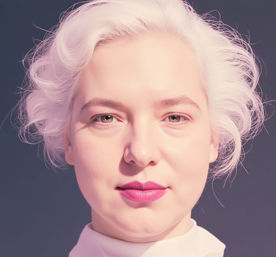 A bold portrait with a striking new hair color, generated by a Sublimate model